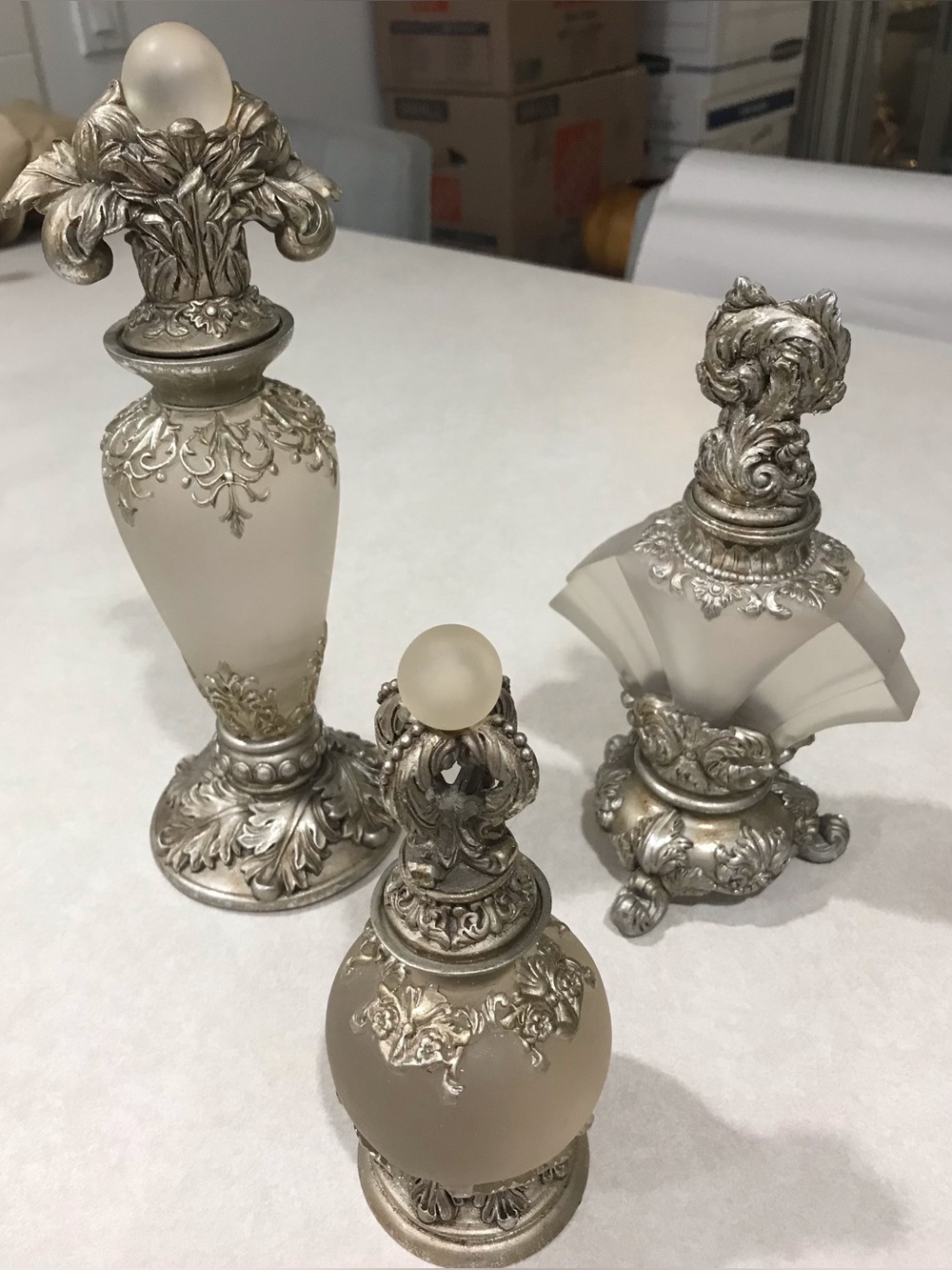 Milson & Louis Ornate Frosted Glass & Silver Decorative Bottles